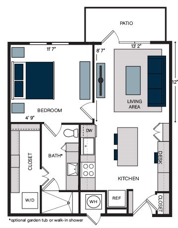 Floor plan for 1 bed, 1 bath, 756 sqft
